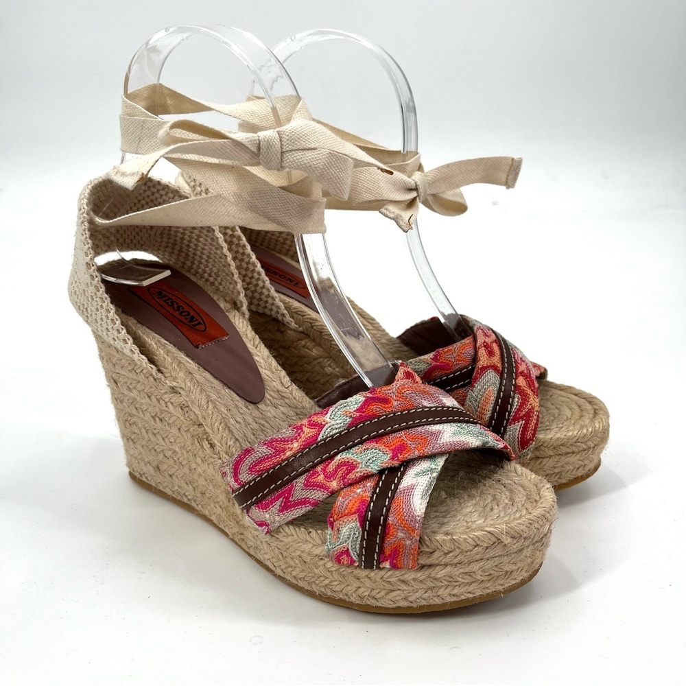 MISSONI Espadrille Wedge Sandal Summer Jute Multicolor Wrap Ankle Cross Strap
